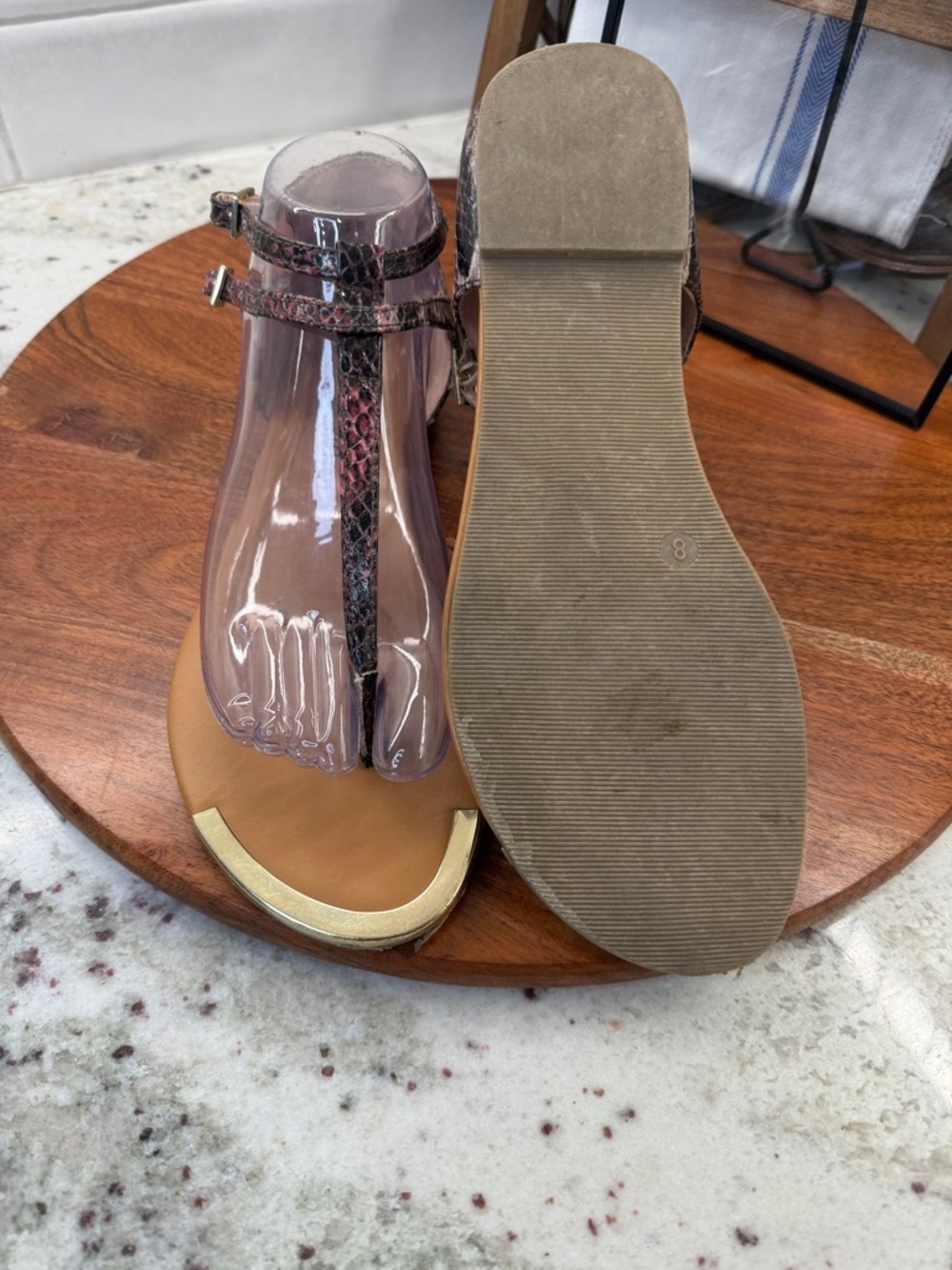 Madden Girl Brown Snake-Print T-Strap Sandals with Gold Toe Accent - Picture 6 of 7